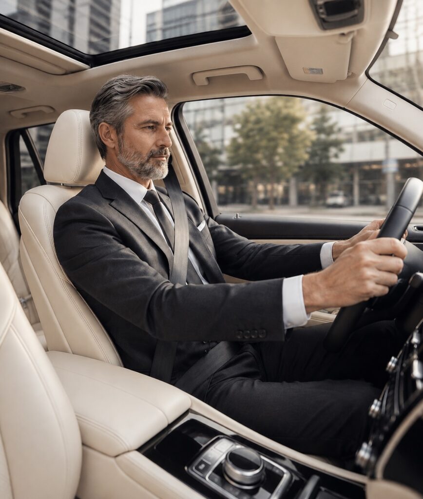 Luxury vehicle driver using nationwide exotic car leasing service